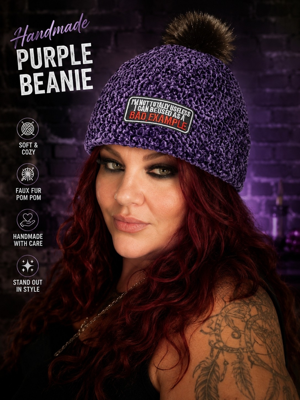 Handmade Purple Beanie with Faux Fur Pom - Bad Example Patch